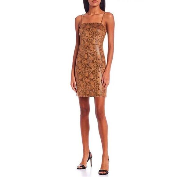 GB Snakeskin Animal Print Strappy Brown Faux Suede Stretch Mini Dress Sz S NEW - Picture 1 of 6